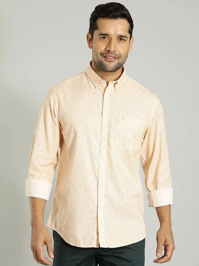 Indian Terrain Men's Slim Fit Full Sleeve Printed Peach Shirt